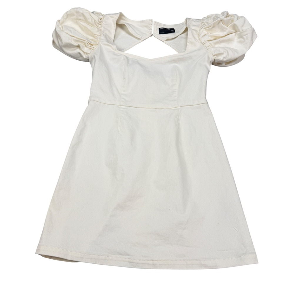 ASOS DESIGN Cream Puff Sleeve Cutout Back Denim‎ Mini Dress Womens Size 8